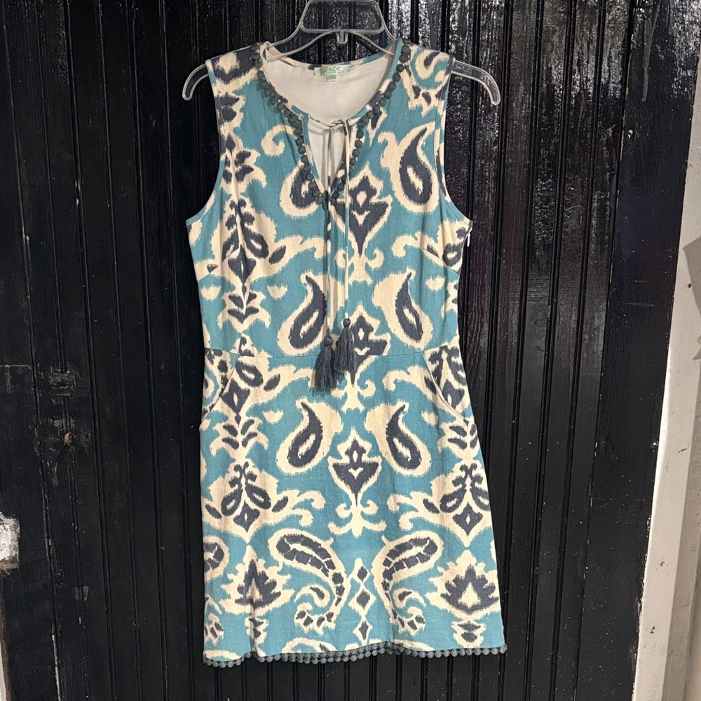 Jade Linen Blue and Cream Patterned Dress